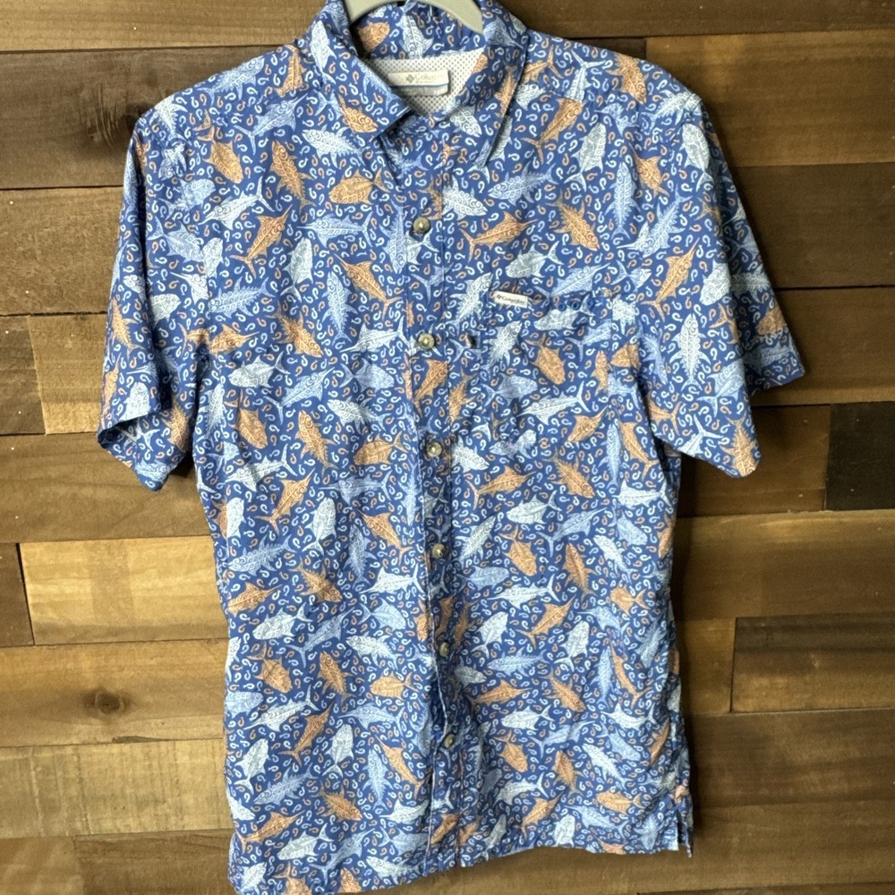 Columbia PFG Men's XS Short Sleeve Fishing Shirt Blue Orange Tribal Fish Print